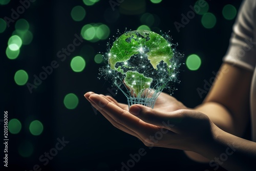 Hands holding a glowing digital green earth promoting sustainability and global connectivity