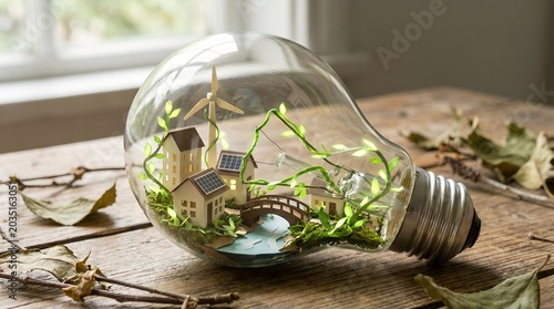 A miniature, sustainable village nestled inside a clear lightbulb, representing ecological innovation and a greener future. The scene includes tiny houses, a bridge over a stream, solar panels.