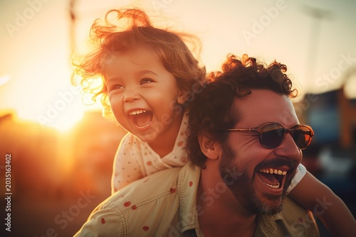 Happy father and daughter enjoying a piggyback ride with golden hour sunflare