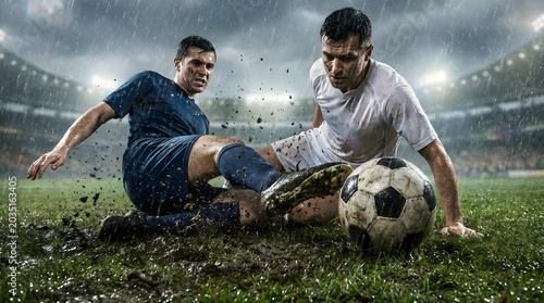 Close Up Action Shot of Soccer Players Slide Tackling on Wet Muddy Field in Rain
