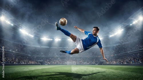 Professional Soccer Player Executing Dramatic Mid Air Bicycle Kick in Stadium at Night