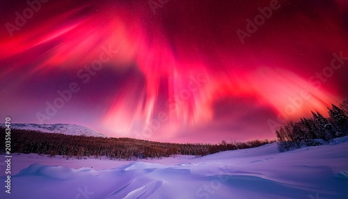 Crimson Snowdrifts Blaze Under An Aurora S Electric Kiss A Psychedelic Winter Dreamscape Wide Angle Crimson