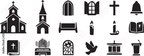 Foto Church silhouette icon set, Christian worship vector, Bible cross design, altar