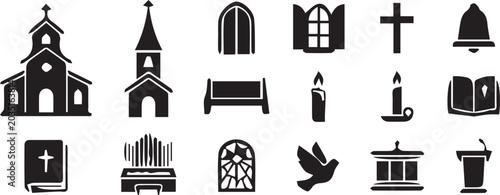 Принти на полотні Church silhouette icon set, Christian worship vector, Bible cross design, altar