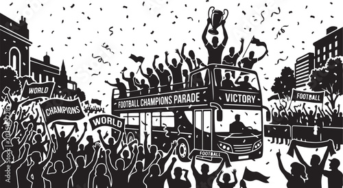 Victory parade, sports celebration, black and white illustration, champion crowd, festive confetti