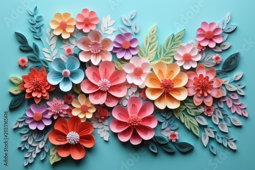 Beautiful paper quilling artwork showcasing an assortment of colorful flowers and intricate leaves on a teal background
