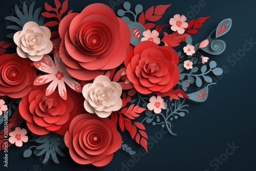 Beautiful layered paper art creating a floral arrangement with red and white roses
