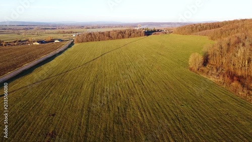 Southern Urals, winter crops in autumn. Aerial view.