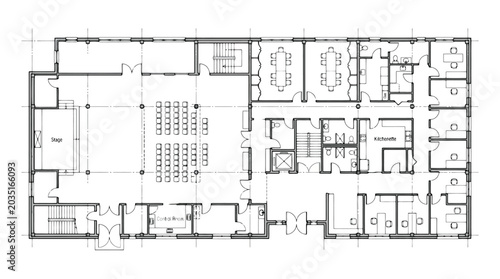 Foto Architectural floor plan of a large event space with a stage and seating areas a