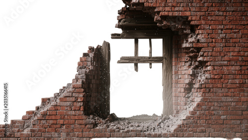 Schilderij op canvas Crumbling brick wall with broken wooden beams, isolated on transparent backgroun