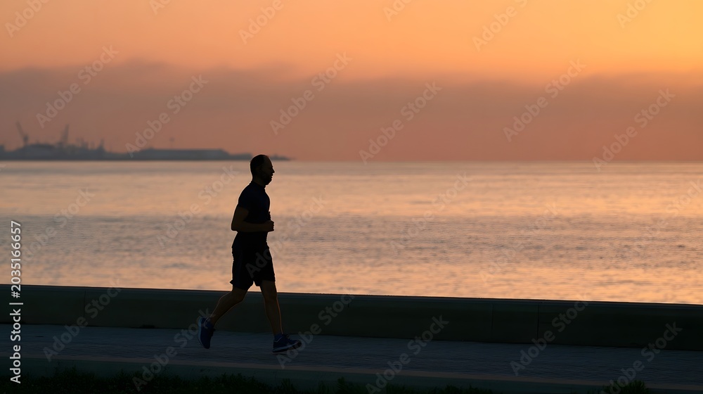 Fototapeta premium A person in silhouette jogs along the water at sunrise or sunset creating a serene and reflective landscape