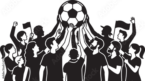 Black soccer fans cheering, football supporters celebrating, sports crowd vector, black and white illustration