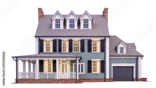 Cuadro en lienzo Blue siding colonial house with porch and garage, isolated on transparent backgr