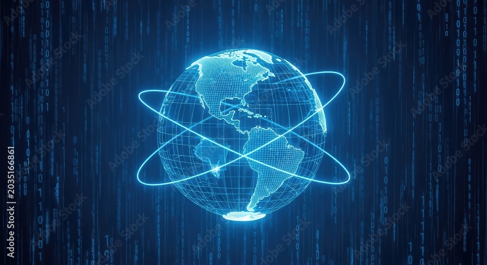Obraz premium Global network with neon technology futuristic earth illustration with binary code and orbital rings