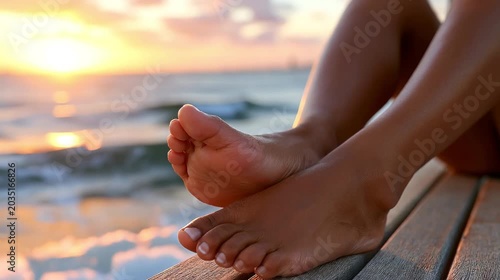 Calm feet resting on wooden deck by ocean at sunset  