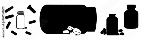 Tableau sur toile Vitamin supplement bottle set with solid black icon on white background featurin