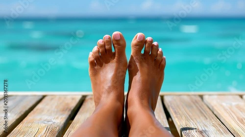 Barefoot person relaxing on wooden deck by turquoise ocean  