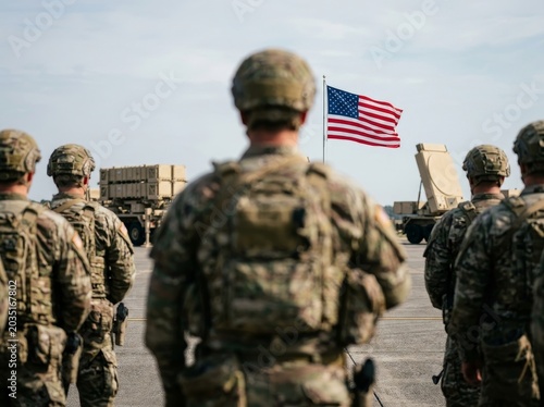 American soldiers stand in formation with military equipment and U.S. flag visible, evoking patriotism.