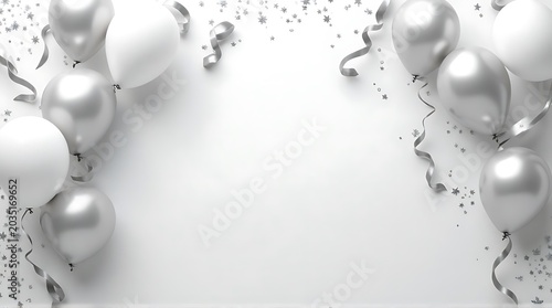 Elegant Silver Balloons and Ribbons Bordering White Space