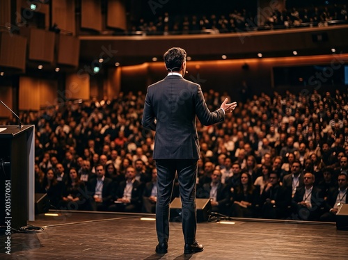 A professional speaker in a suit delivers a keynote address to a large audience in a dimly lit auditorium.