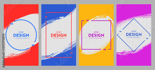Vector illustration. Abstract colorful overlays on transparent backgrounds with geometric linear quote frame. Design elements for flyer, voucher, coupon, vertical layer. Funky graphic in messy style