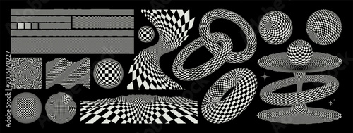 Fotografie Checkered 3D geometric forms and warped grid textures