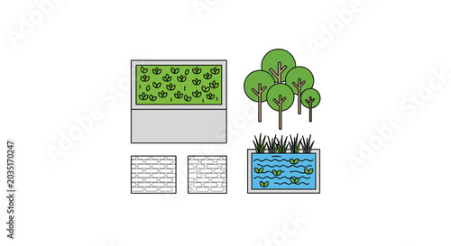 A clean set of vector icons displays a rectangular planter box, a cluster of small green trees, brick wall textures, and a water pond on a white background.