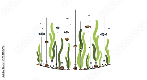 Long green seaweed strands rise from the seabed floor among small fish and anchored nautical ropes in a clear underwater environment with light pastel colors.