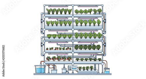A multi-level hydroponic farming system with stacked trays of green leafy vegetables and purple LED growth lights sits within a structured white laboratory environment.