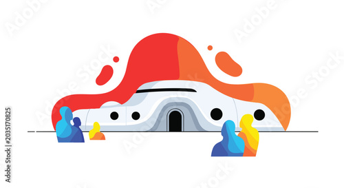 A futuristic white curved building with circular windows sits behind flowing organic orange and red shapes while figures stand in the foreground on white.