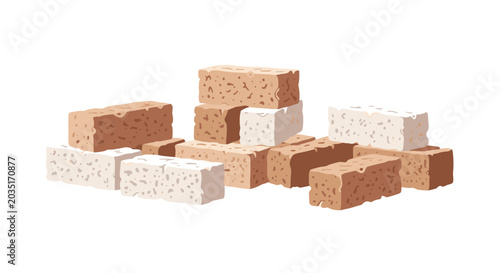 A scattered collection of porous rectangular building bricks in shades of earthy brown and chalky white is arranged centrally against a clean white backdrop.