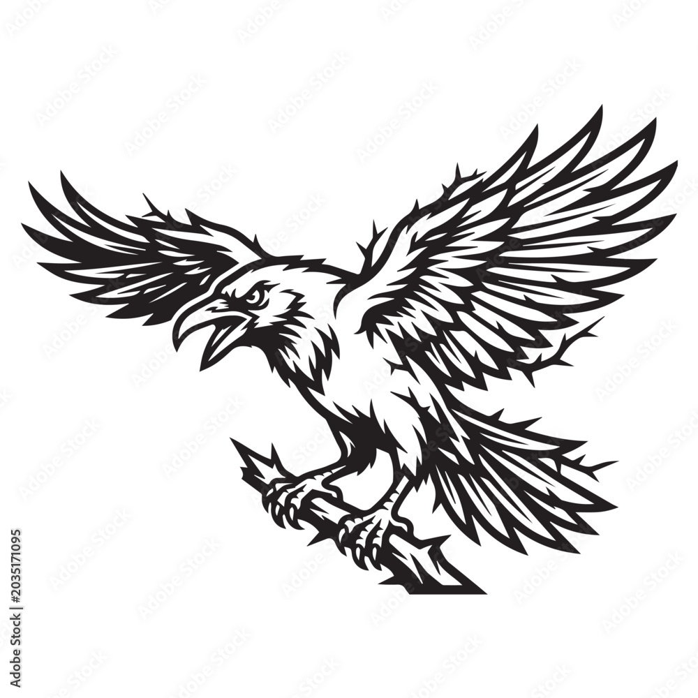 Obraz premium Stylized black and white vector illustration of a raven perched on a thorny branch.