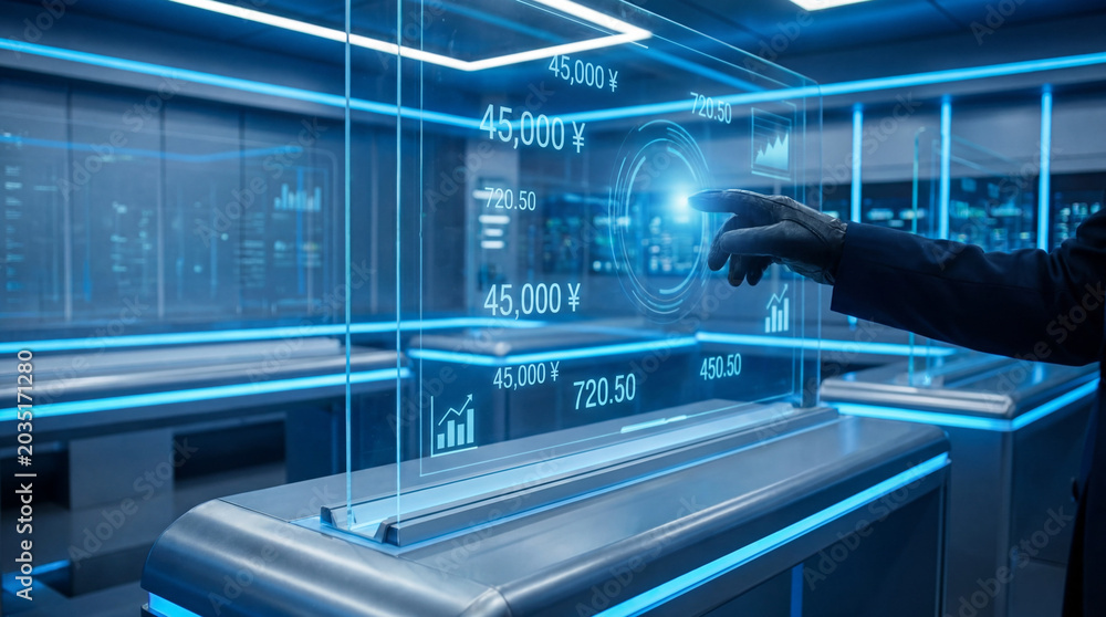 Obraz premium Innovative Data Control Hand Engaging with Advanced Holographic Interface in Futuristic Command Center for Real-time Digital Analysis