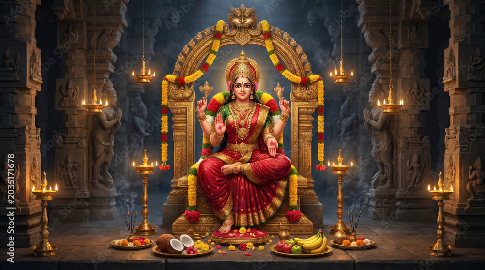 Obraz premium Goddess Lakshmi devotional festival background featuring majestic temple architecture, glowing diya lamps and floral offerings with radiant golden lighting symbolizing prosperity, blessings and spirit