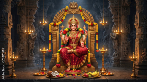 Goddess Lakshmi devotional festival background featuring majestic temple architecture, glowing diya lamps and floral offerings with radiant golden lighting symbolizing prosperity, blessings and spirit