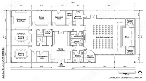 Schilderij op canvas Community Center Floor Plan with Hall Stage and Meeting Rooms architectural draw