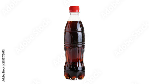 Full plastic bottle of dark cola beverage with red cap, isolated on transparent background