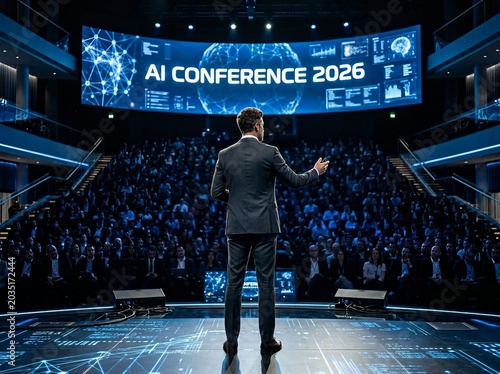 A man in a suit speaks at an AI conference with a large audience in a modern auditorium.