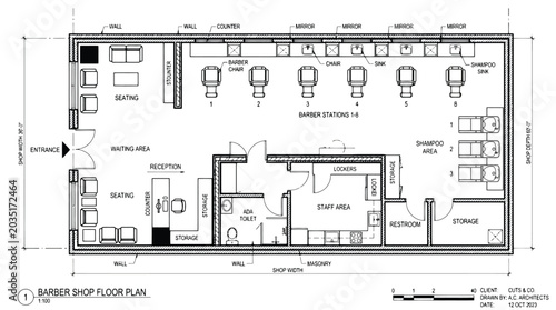 Foto Detailed architectural floor plan of a barber shop with labeled stations and ame