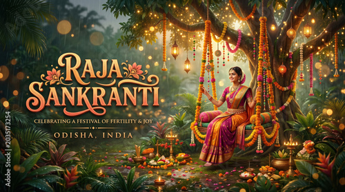 Raja Sankranti festival celebration artwork featuring traditionally dressed Odia woman on floral swing with glowing lanterns, lush garden scenery and vibrant cultural spirituality in Odisha India