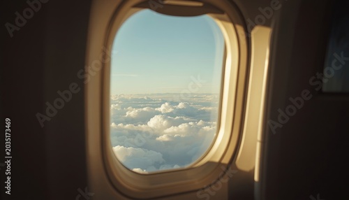 Looking out of an airplane window at the clouds and sky