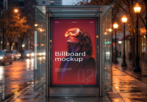 Street Billboard Mockup at Bus Stop