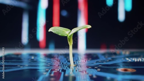 Small green seedling growing from a blue computer circuit board with abstract digital light background