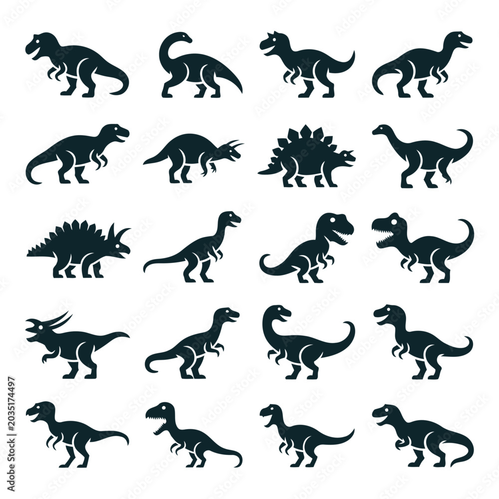 Fototapeta premium Dinosaur Silhouette Icons Set, Prehistoric Animal Vector Elements Collection with T-Rex and Triceratops