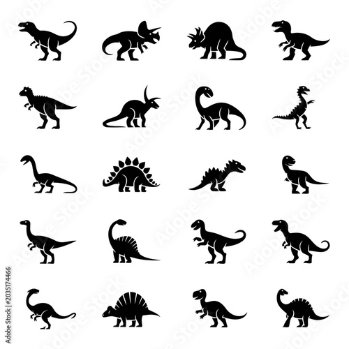 Dinosaur Silhouette Icons Set, Prehistoric Animal Vector Elements Bundle with T-Rex and Triceratops