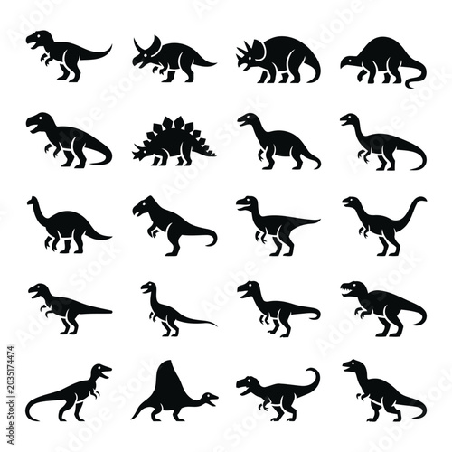 Dinosaur Silhouette Icons Set, Prehistoric Animal Vector Elements Pack with T-Rex and Dimetrodon