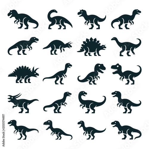 Dinosaur Silhouette Icons Set, Prehistoric Animal Vector Elements Collection with T-Rex and Triceratops