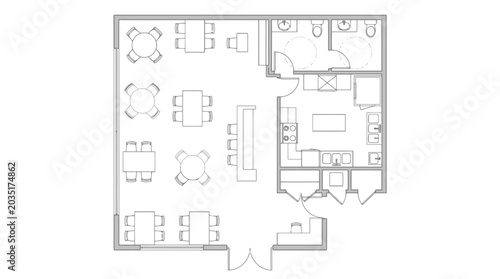 Photos Floor plan of a cafe or restaurant with seating and a kitchenette architectural
