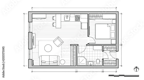 Foto Floor plan of a compact studio apartment with living area bedroom and kitchenett