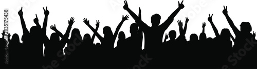 Cheering crowd silhouette, happy people jumping, hands up at music concert, party festival audience, celebration fan background, event group
